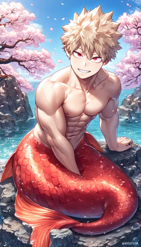 absurdres, highres, ultra detailed, HDR, master piece, best quality, extremely detailed, detailed face, detailed eyes, Bakugo Katsuki, ash-blonde hair, expressive red eyes, Boku No Hero Academia, solo, sexy merman, handsome, smile, manly, adult, sitting, s...