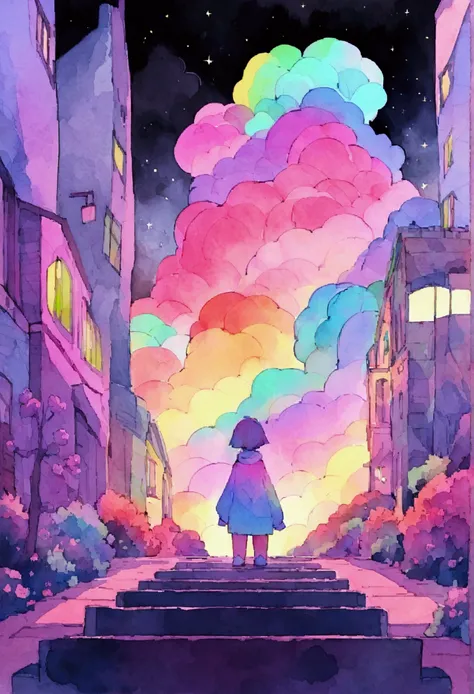 Hippie streetscape continues to dream, Night Light,play piano，Neon Landscape, Simulates a color theme, Lo-fi hip hop , review, flat,黒と Watercolor, Large slope, Watercolor, Gas Color, Studio Ghibli style, Vibrant colors, Outer Ton, Ｊpop　Lofi Art,  amplitude...