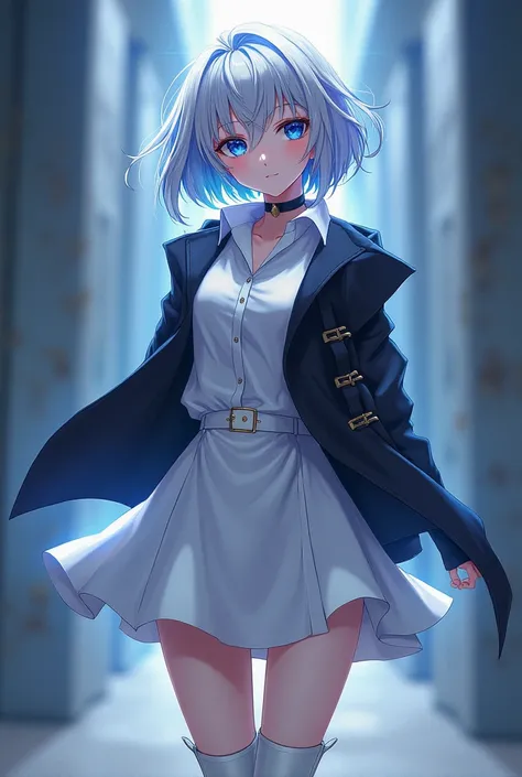 Create an anime girl, with short silver hair and deep sapphire blue eyes and a blouse with a jacket and a white skirt and boots of the same white color and her gender is female