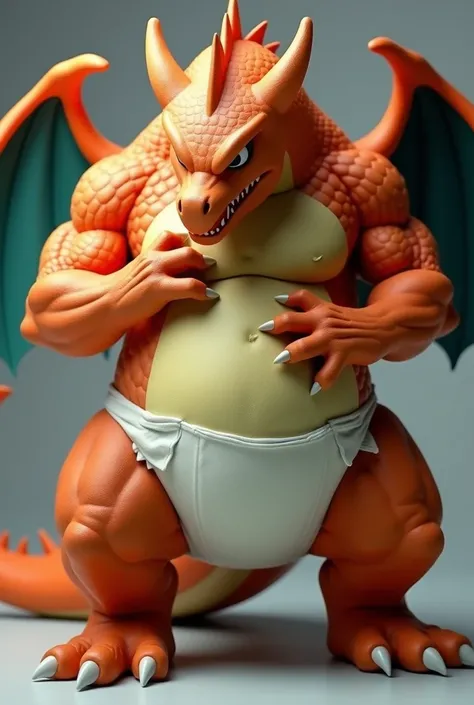 Big muscular adult Charizard in an adult diaper wearing a ball gag rubbing his diaper