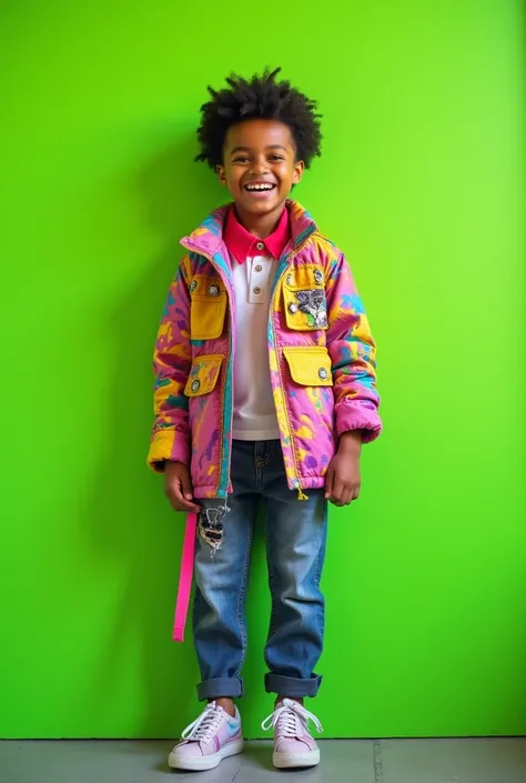 smily and happy fashion boy wearing weird strange colorful wear outfit against a cgreen wall