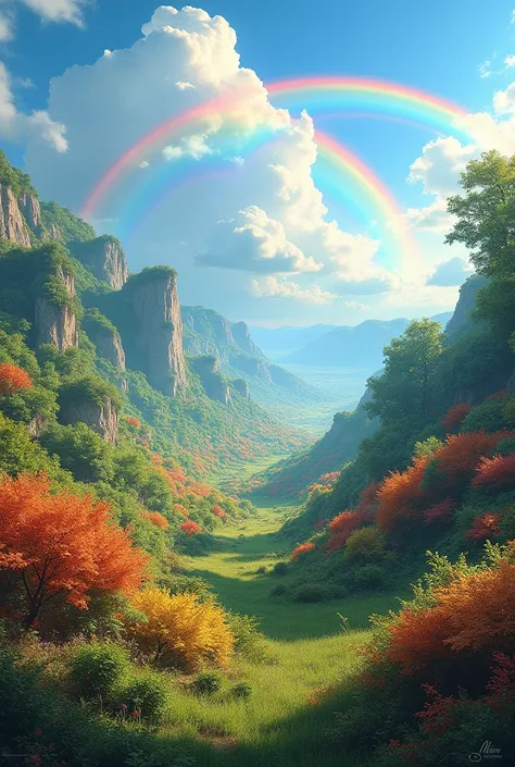 Make me a picture of a valley full of bushes and trees of different colors with a clear sky accompanied by a rainbow 