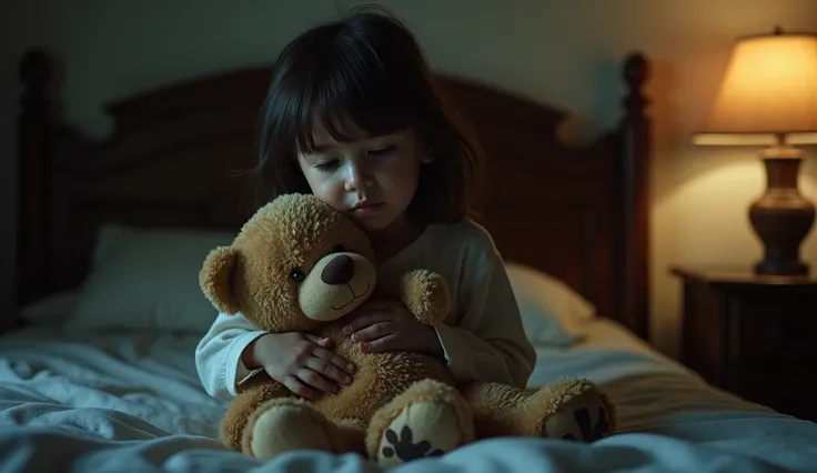 Scene: Sofía, the small child, sits on her bed, holding a small teddy bear, tears rolling down her cheeks. She hugs the bear tightly, her eyes closed as if trying to hold on to her father’s memory. The dim light from a bedside lamp barely illuminates her f...