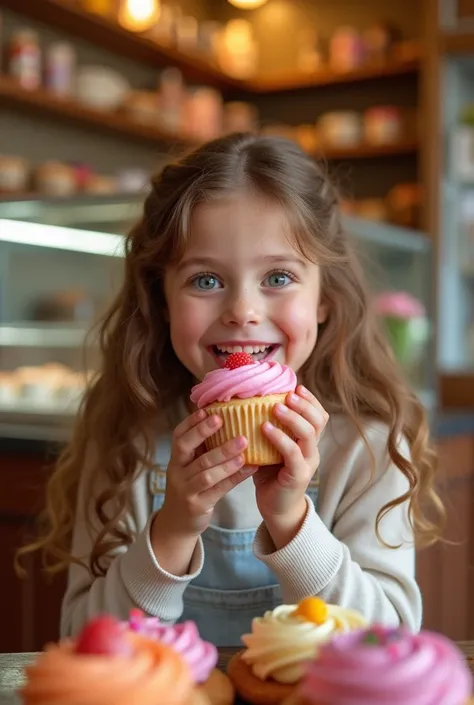 A photograph where a  girl with long chestnut brown wavy hair and bright blue eyes is sitting at a small table, happily enjoying a dessert. The pastry shop has a warm and inviting atmosphere, with glass display cases filled with an array of delicious treat...