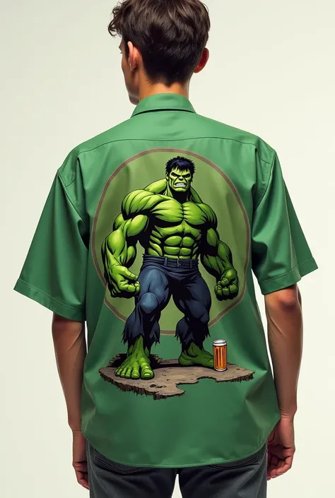 Design of a front and back blouse with a circle on the front and a hulk with a beer in his hand 