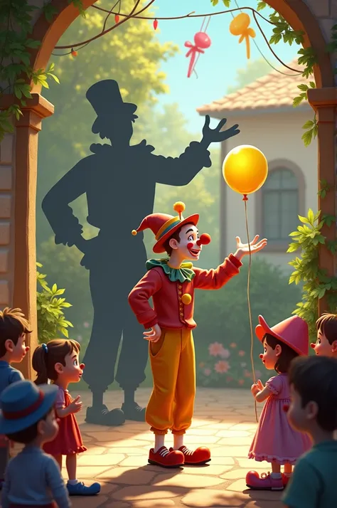 I want you to make a clown giving a performance to some children on a nice sunny day in the courtyard of a house., the clown is making a balloon animal, The children and the clown look attentive and happy , But behind the clown you can see his shadow and h...