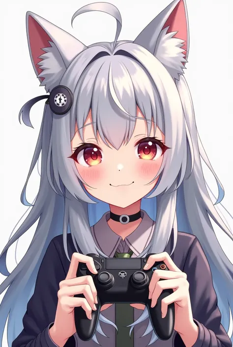 One girl, Long Hair, smile, Silver Hair,Cat ear, earphone, chest, anime,Game Controller,Cat beard,With amisu logo,surprise,Pause,joy,