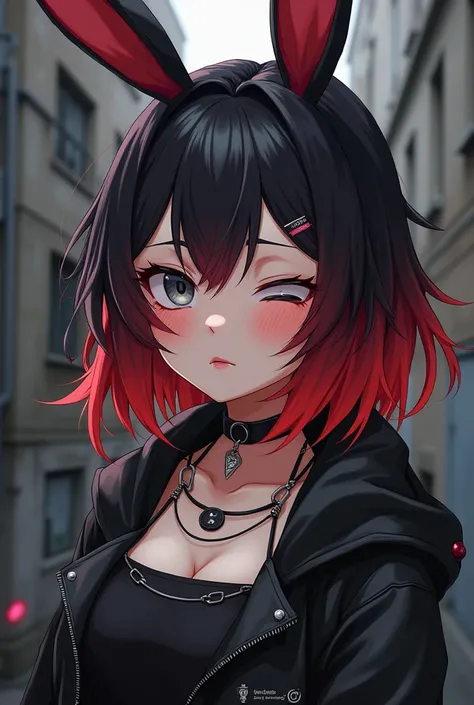 Cute anime girl with red and black ombred hair and a grunge aesthetic. Grey squinted eyes. Pale skin. Bunny ears. Thick and curvy body figure. Shoulder lengh hair,