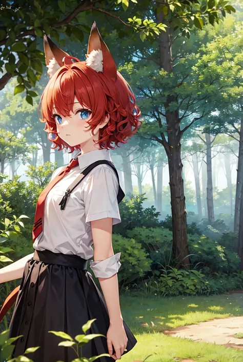 solo, blue eyes,  Red hair, Fox Ears, Tree Eyes, Curly hair、Anime Style, juvenile、Short Hair、Forest Background、male