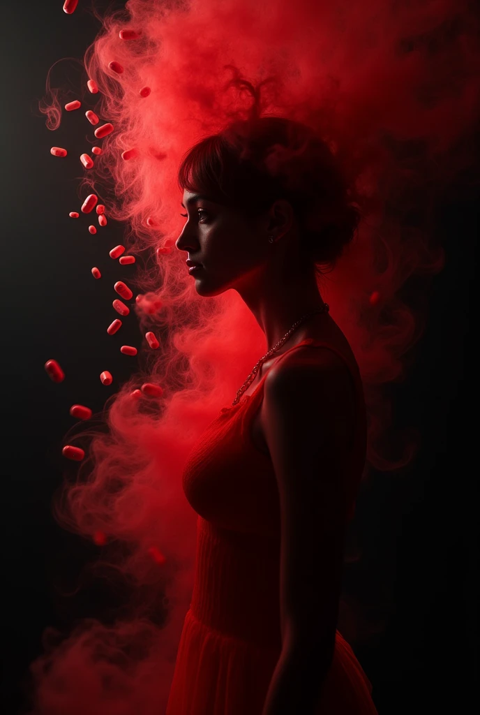 Make me the cover of a song called "DRGADICTA" have a black background with the silhouette of a woman with slightly transparent pills wrapped in red smoke and that gives a sensation of something addictive that gives an illusion that the paint will spread