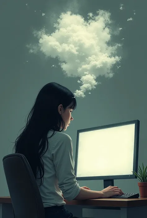 A woman with her back turned and black hair in front of a computer working. Above her is a cloud of thoughts.