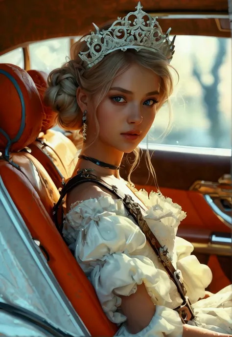 A beautiful girl in a white princess dress with a weapon belt, double bun hairstyle with slime hair, sitting in a limousine, pumpkin orange color scheme, (best quality,4k,8k,highres,masterpiece:1.2),ultra-detailed,(realistic,photorealistic,photo-realistic:...