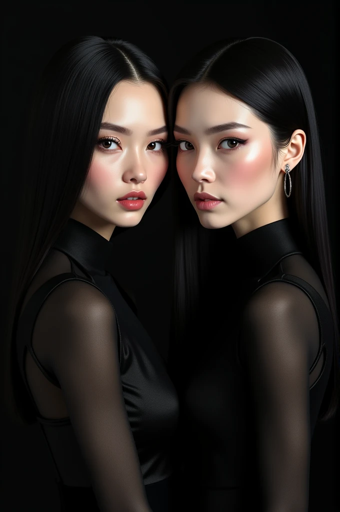 2 woman, black hair, thin, with a delicate face, all in black