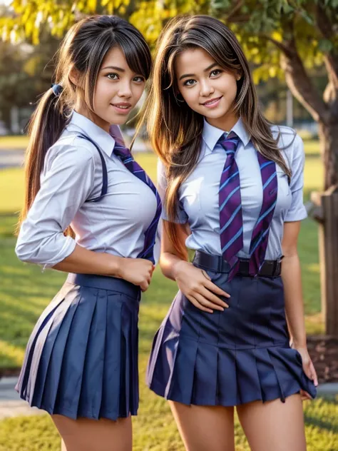 they are posing for a picture in a school uniform and tie, vestida de schoolgirl, hyperschoolgirl realista, schoolgirl realista,...