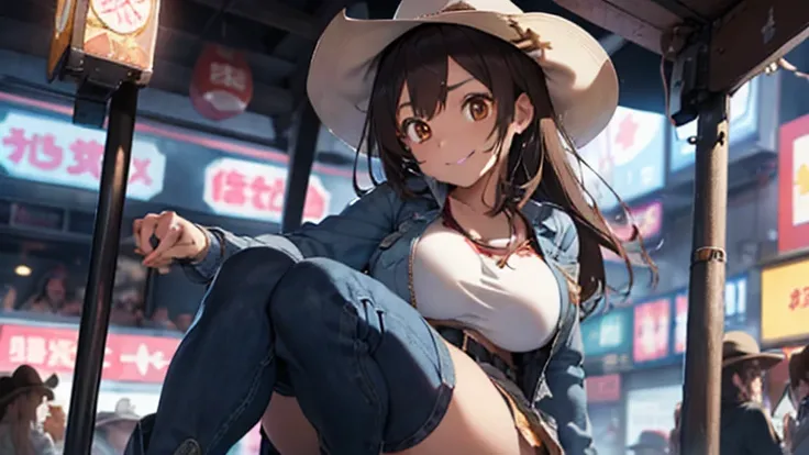 1 female, brown long anime hair, huge breast, teenage girl, brown eyes, thick eyebrows, cowgirl clothes, cowboy hat, jean short, jacket, boots, strip club, thick ass, thick legs, in the party, pole, stripper pole, sitting down, at the chair, thick ass, twe...