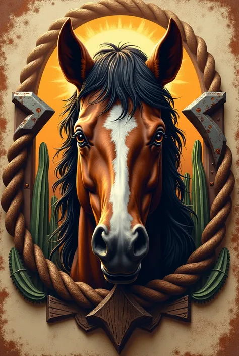 create modern logo of a horses head, tema oldwest, digitalpainting, oldwest, grunge texture, corroded, elements like rope, horseshoe, cacti around the horse&#39;s head, 3d drawing