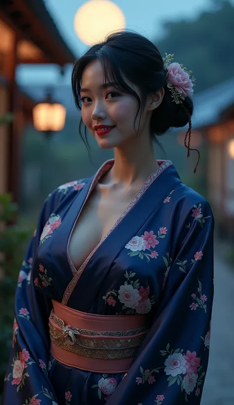 Japan、Japanの夜、full moon、moonlight、kimono、ネイビー花柄のkimono、silk、A diligent smile、From the waist up、Beautiful smile、Ample breasts、Overflowing Chest、Busty、My nipples are erect、V-line chest、Realistic、Full Body、Deep neckline、V-neck、G Cup、Makes the subtle texture o...