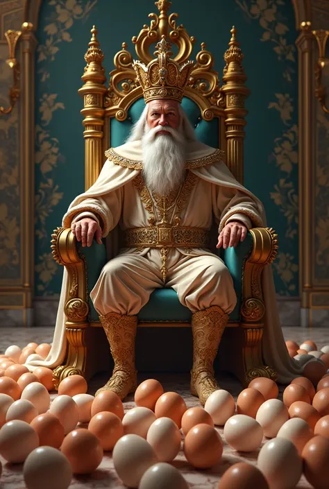 Make an image of a king sitting on his throne and surrounded by chicken eggs