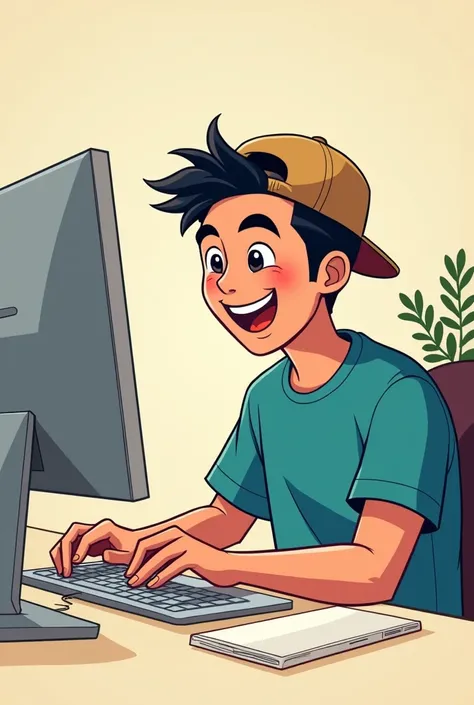 Cartoon young Asian man with cap backwards stylishly playing on computer

