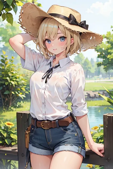 (Best Quality,8k,High resolution,realist,ultra-realist:1.2),blonde girl,short hair,Beautiful and detailed eyes,Beautiful and detailed lips, texan cowboy hat, natural beauty in shorts, cowboy belt, barefoot