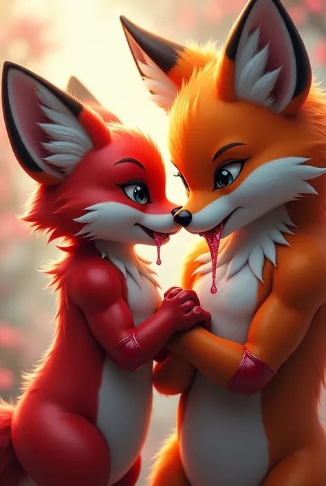 a fox furry having a red protogen in his mouth and both of them look happy and make the mouth have strings of saliva in it and the tongue with saliva too