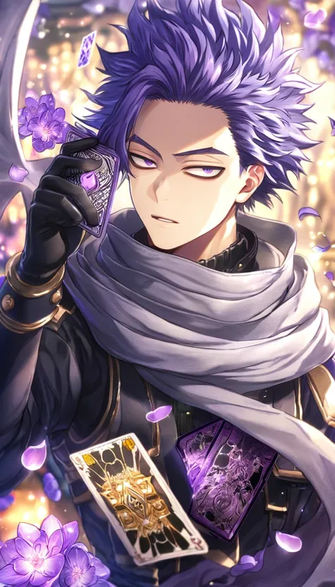 absurdres, highres, ultra detailed, HDR, master piece, Shinsou Hitoshi, indigo hair, expressive purple eyes, gray scarf, black clothes, Boku No Hero Academia, black gloves, Amnesia Memories, sexy man, handsome, best quality, purple blossoms, purple petals,...