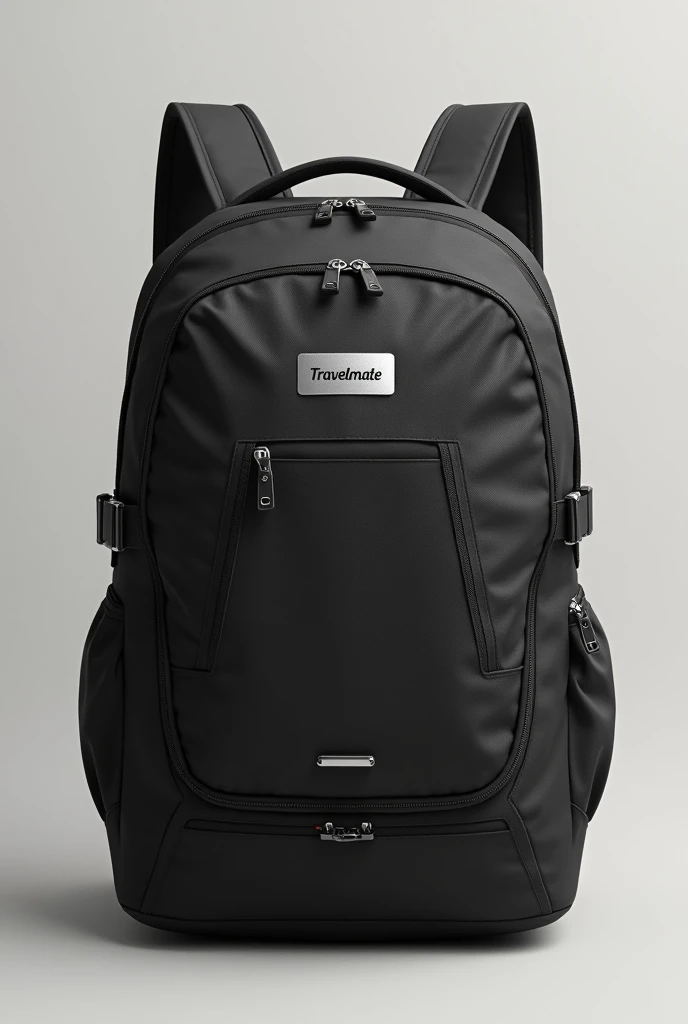 Create a basic backpack with a stainless steel logo that says "travelmate" to mass produce it in a company
