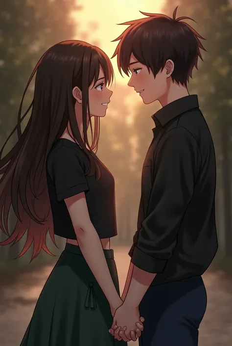 A girl holding hands with a boy with dark brown hair wearing a black blouse. The girl is wearing a black top. Dark green pants. The pants say that the girl has long hair. Dark brown hair. 