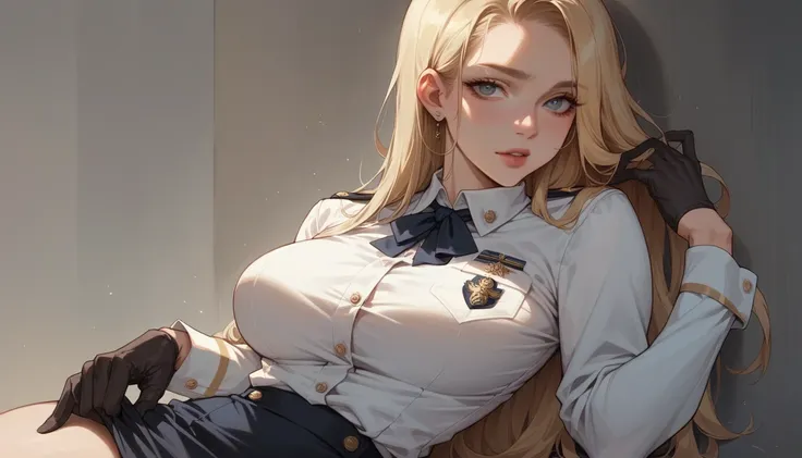 a sexy blonde girl with a voluptuous body wearing a new short naval dress uniform, it&#39;s too sexy and sensual, it has white l...