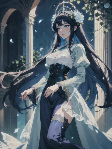 Lira, a graceful fairy with long black hair and ocean-blue eyes, stands poised in a lush garden. She wears a beautifully ornate Victorian dress, complete with delicate lace sleeves, a fitted corset, and a flowing skirt that cascades to the ground in layers...