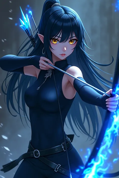 Black Phoenix Blue Flames Anime Girl Extra Long Blue Black Hair Golden Eyes Wearing Japanese Ninja Clothes Sexy Cold Expression Pushing A Bow And A Blue Fire Arrow 