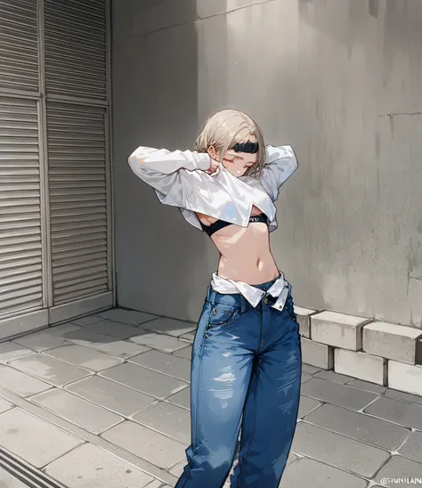 there is a woman in a White shirt and jeans posing, 2b, 2b ..., cropped shirt and jacket, Shin Jinyoung, Wearing a sexy crop top, Opened the chest of the clothes, Cute shirt and jeans, White shirt and blue jeans, y2k style, y2k style, Wearing crop tops, Wh...