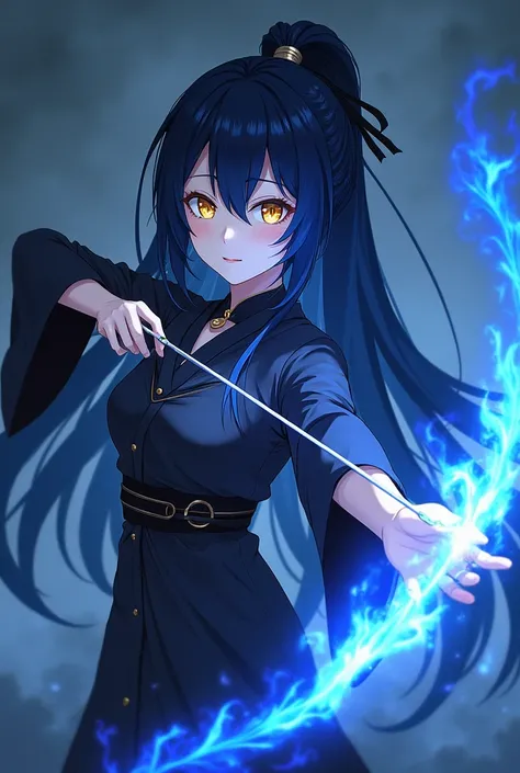 Black Phoenix Blue Flames Anime girl extra long blue-black hair with golden eyes wearing sexy Japanese clothes cold expression pushing a bow and arrow of blue fire 