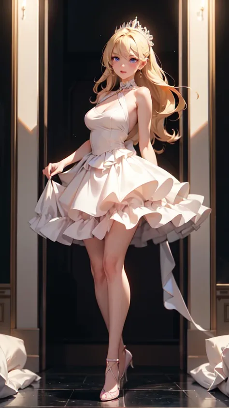 1girl, solo, elegant hair (full body: 1.1), (side at the viewer: 1.1), filmg , sweet_lolita, Best quality, masterpiece, blond hair, blue eyes, Exquisite mouth,Very detailed face, blush, Shiny wet skin, Pink lips, Delicate lips, one piece race queen cosplay...