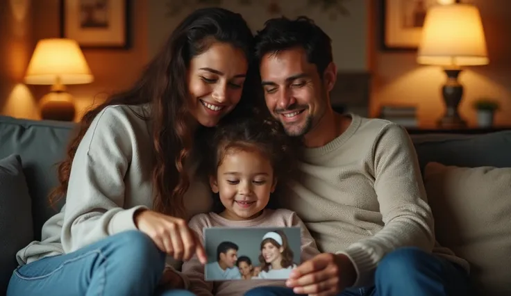 cene: The small child Sofía sits on a couch between Eduardo and Isabel, her new mother figure. Isabel has her arm gently around Sofía’s shoulders, and Eduardo is holding a family photo in his hand. Sofía smiles, looking at the picture, finally feeling like...