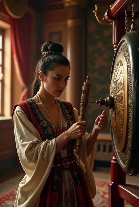 Picture of one of the ladies-in-waiting beating a large gong with an anxious expression, produce a loud sound, as if the morning had come, realistic, masterpiece, cinematic. 