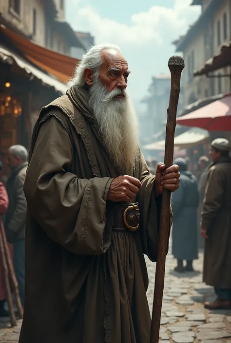 An ancient old man holding a stick while talking to many people in the area near the market.People ignore it.cloudy weather