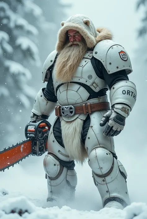 Realistic,Highest quality,masterpiece,Full body view,A snowstorm so intense you can&#39;t see what&#39;s in front of you,Middle-aged man,Wearing a polar bear fur hood,Large macho,The whole body is covered in metallic white armor.,Long blonde hair,Holding a...