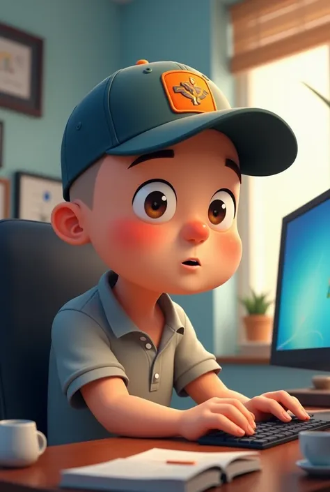 Cartoon bald asian man with cap playing on computer

