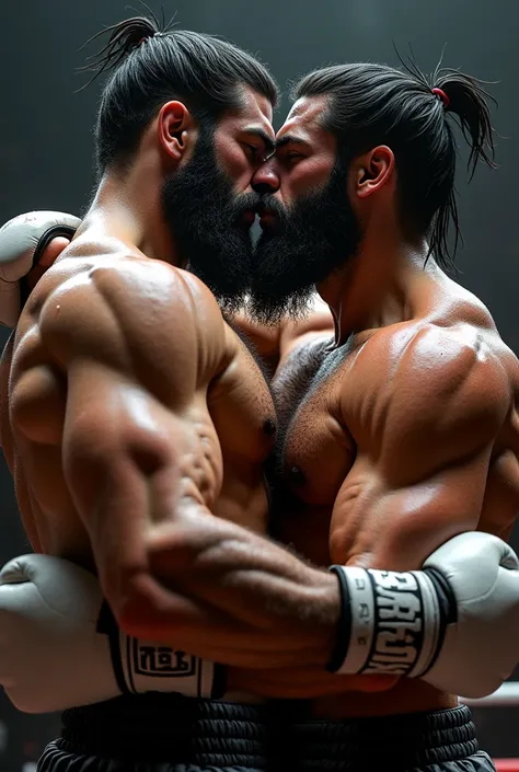 Two very muscular boxers hugging each other giving each other a passionate and hot kiss, Both are very hairy with a muscular chest and full of straight black hair., They use huge, thick white boxing gloves and you can see their chests dripping with sweat a...