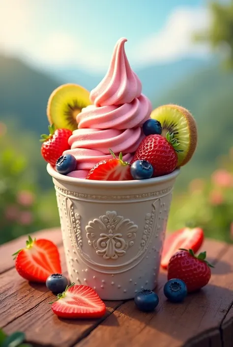 Gelato ice cream wrapped in a cup with various fruit toppings, made with realistic and landscape 