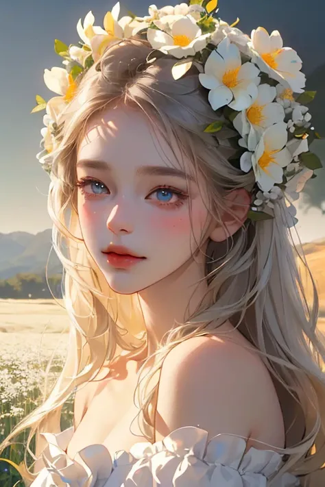 ultra-detailed,best quality, masterpiece, ultra high resolution, (lifelike:1.4), 1 girl, white dress, Off the shoulders, flower field, glowing skin, faint smile,symmetrical eyes, beautiful eyes