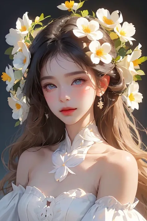 ultra-detailed,best quality, masterpiece, ultra high resolution, (lifelike:1.4), 1 girl, white dress, Off the shoulders, flower field, glowing skin, faint smile,symmetrical eyes, beautiful eyes