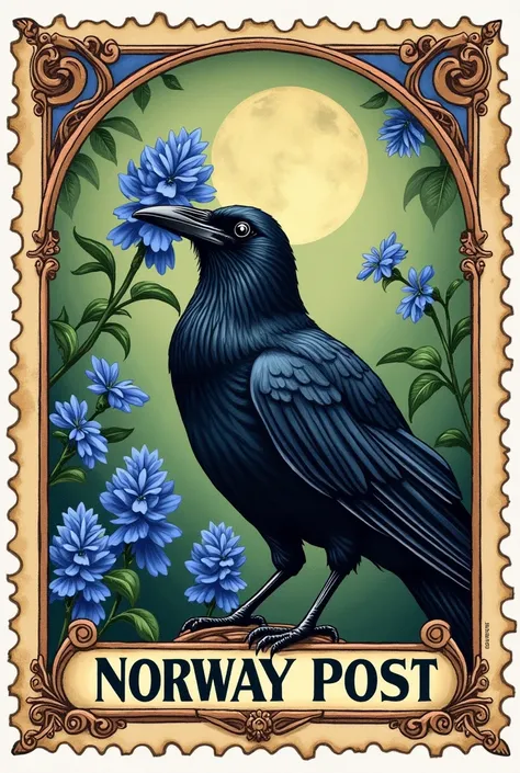 I would like you to create a rectangular stamp design, the mail ones, where he has a raven carrying a gentian in its mouth.  but that contains the postcard frame.

With the blue gentians/abodes, Please, a vintage touch, antiguo and colorido, give it a touc...