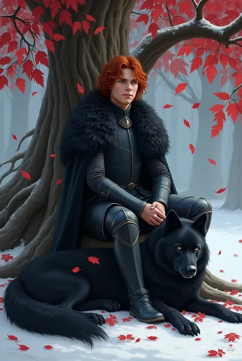 Robb Stark. 14 years. reddish red hair. shoulder-length hair. Blue eyes. lamplar armor black. sits on the roots of a tree with red leaves. red leaves fall from the tree to the ground. winter. a black wolf lies next to Robb&#39;s feet