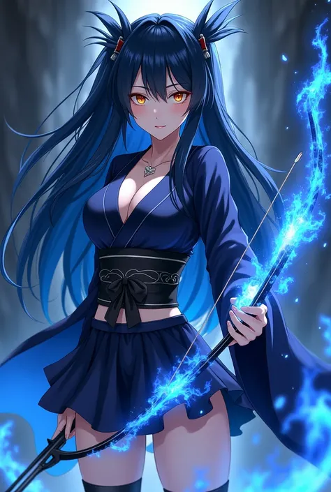 Black Phoenix Blue Flames Anime girl extra long blue-black hair with golden eyes wearing a short kimono and sexy cold expression holding a bow and arrow of blue fire 