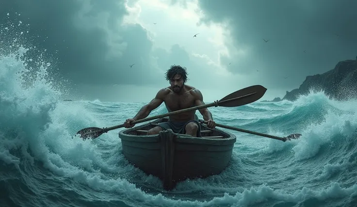 Create an ULTRA REALISTIC image of a person alone in a small boat, rowing against strong waves in the ocean. Despite the storm around, the person stays focused and keeps rowing. convey depth.