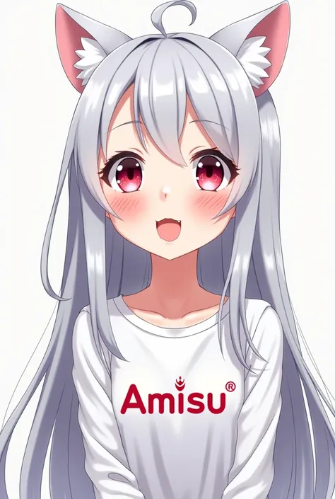 One girl, Long Hair, smile, Silver Hair,Cat ear, chest, anime,Cat beard,With amisu logo,surprise,Pause,joy,amisu logo shirt,Azor,