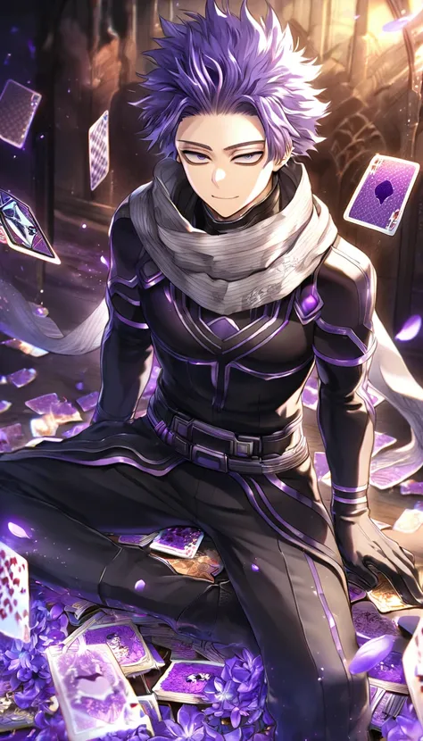 absurdres, highres, ultra detailed, HDR, master piece, Shinsou Hitoshi, indigo hair, expressive purple eyes, gray scarf, black clothes, black pants, Boku No Hero Academia, black gloves, Amnesia Memories, sexy man sitting, handsome, best quality, purple blo...