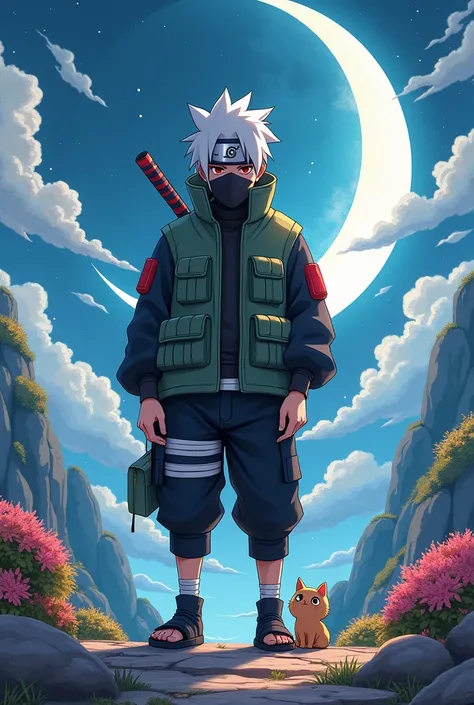 Anime, kakashi wearing free fire hippo bundle and standing seen the moon with small cat and middle name written shubham 